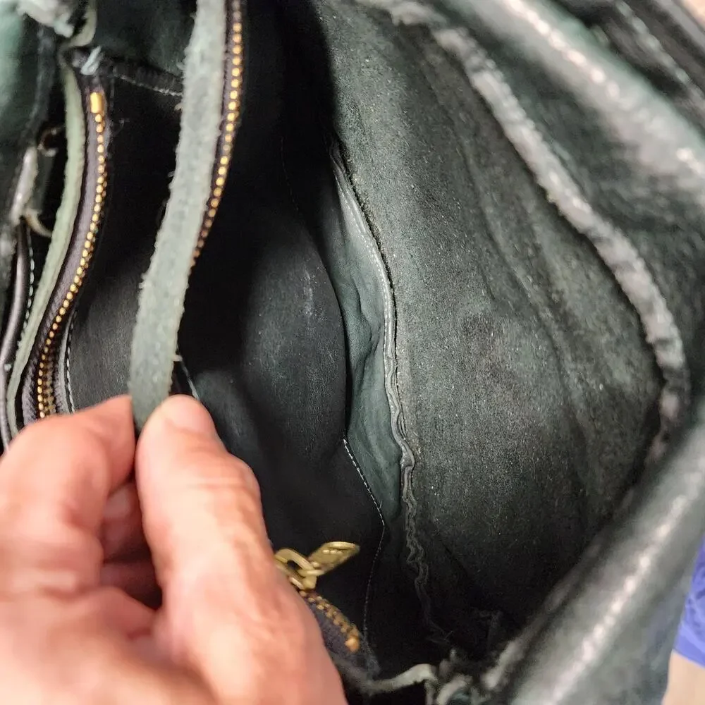 Leather Shoulder Bag Womens Dark Green Flap Pocket Zip Compartments Medium Purse